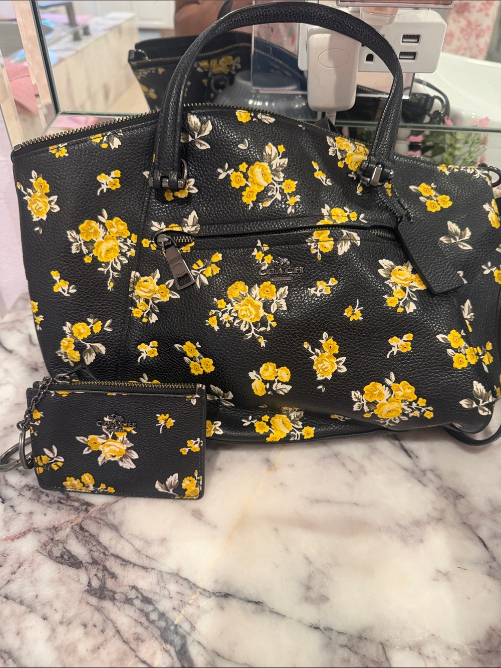 COACH Black Pebbled Leather Tote with Yellow Floral Print
